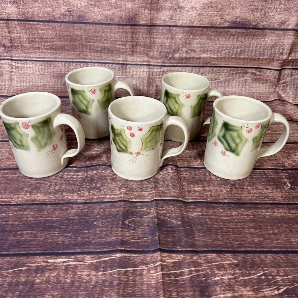 Louisville Stoneware Holly Berry Coffee Mug Set of 5 Kentucky Pottery Christmas